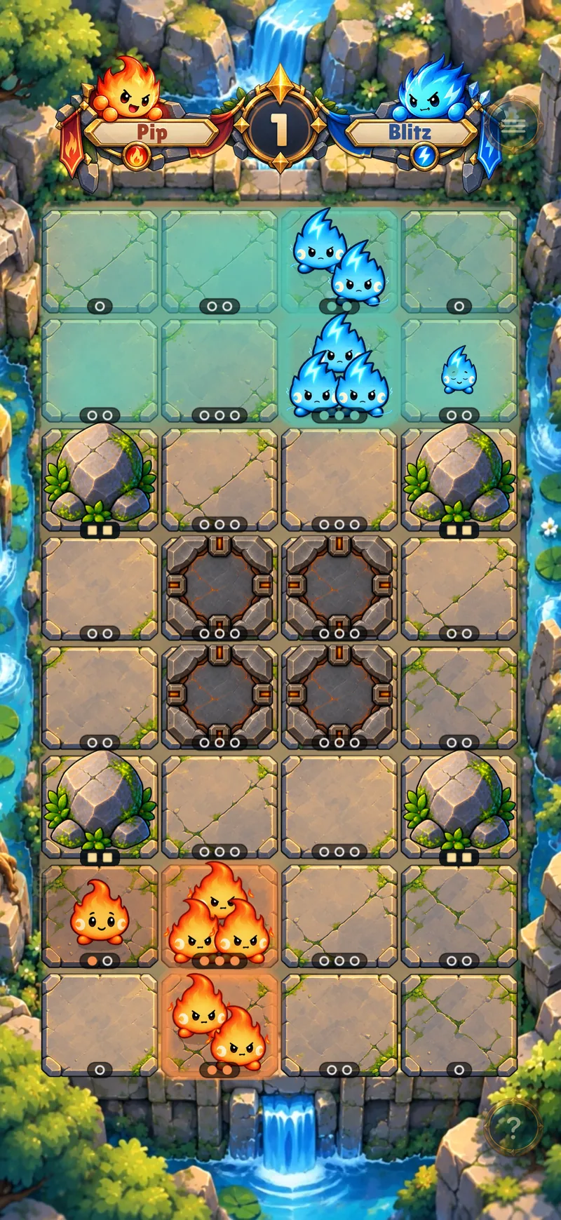 Burst Brawl match board with Pip and Blitz Sparks and obstacle tiles