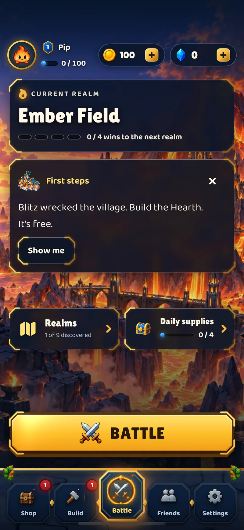 Burst Brawl Ember Field home screen with battle and realm progress